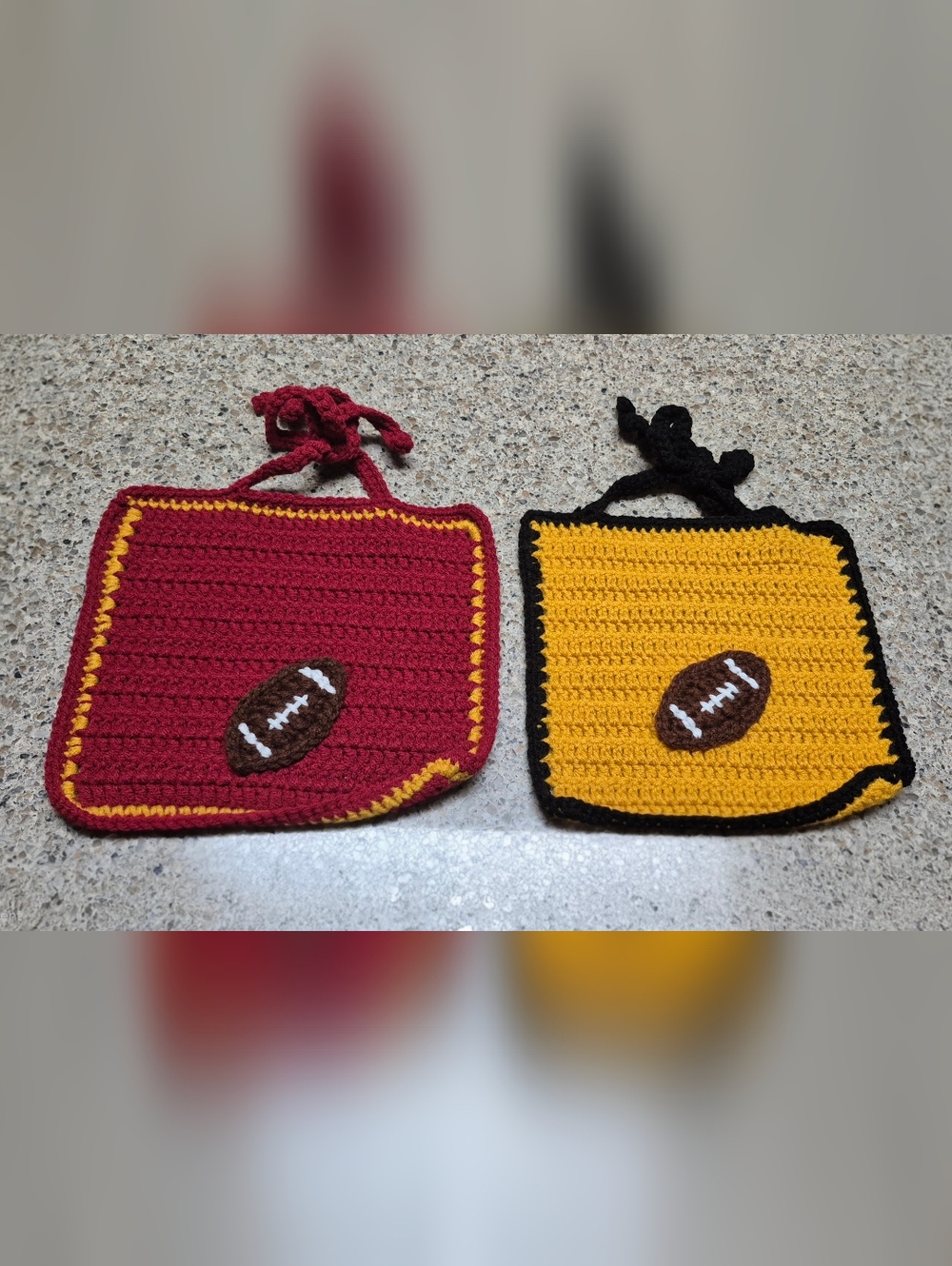 Handmade Crochet Football Pot Holders Trivet Hot Pads Set of 2 Maroon Gold Black